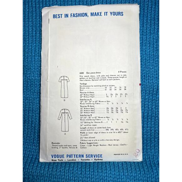 Vogue Pattern 6688 shift dress 1960s sz 14 bust 34 - Picture 3 of 4